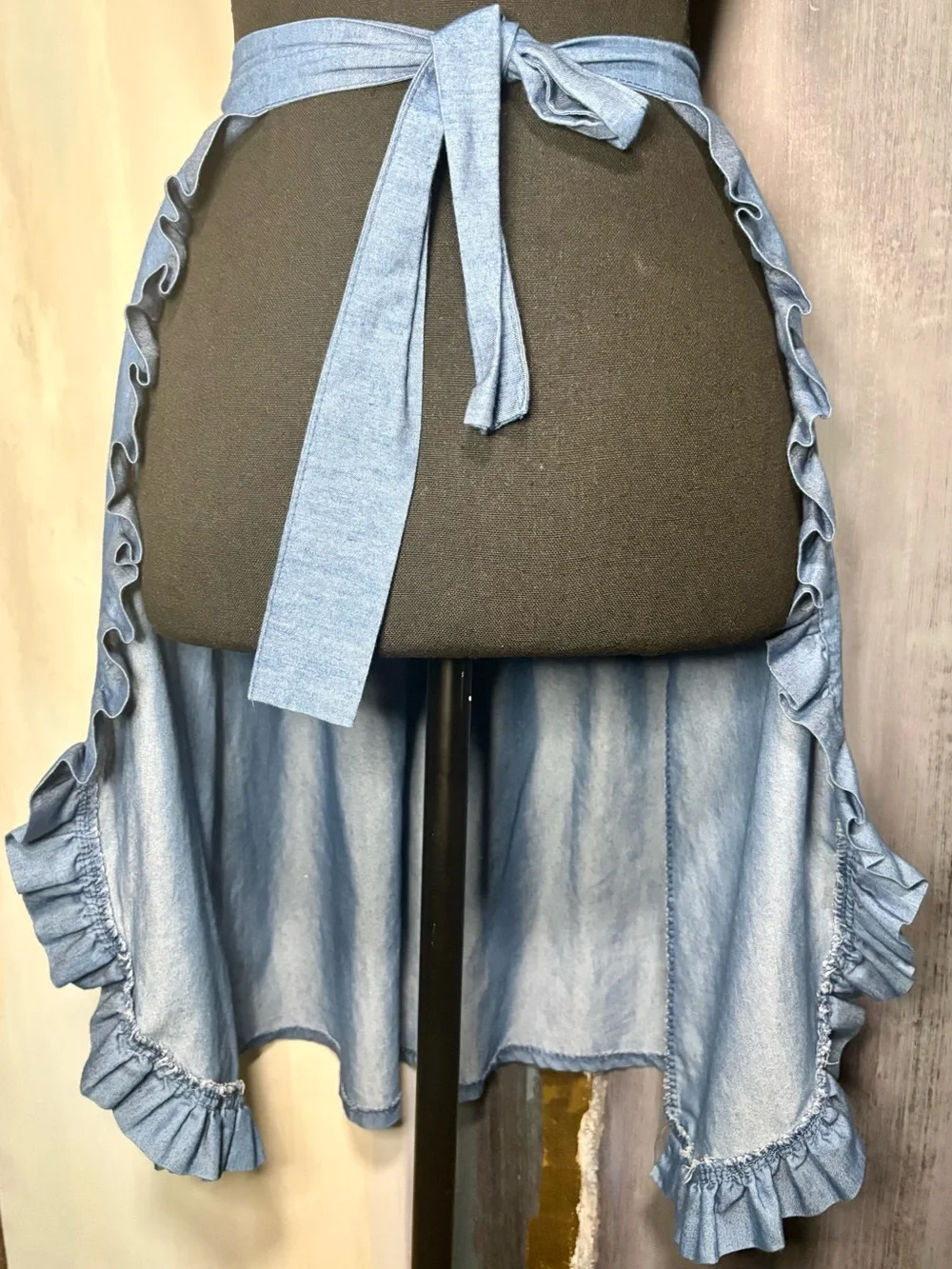 100% Cotton Chambray Wrap Apron Skirt Ruffle Trim Cottagecore Prairie Boho One S